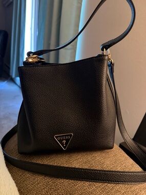 GUESS Black Pebbled Leather Crossbody with Gold Logo